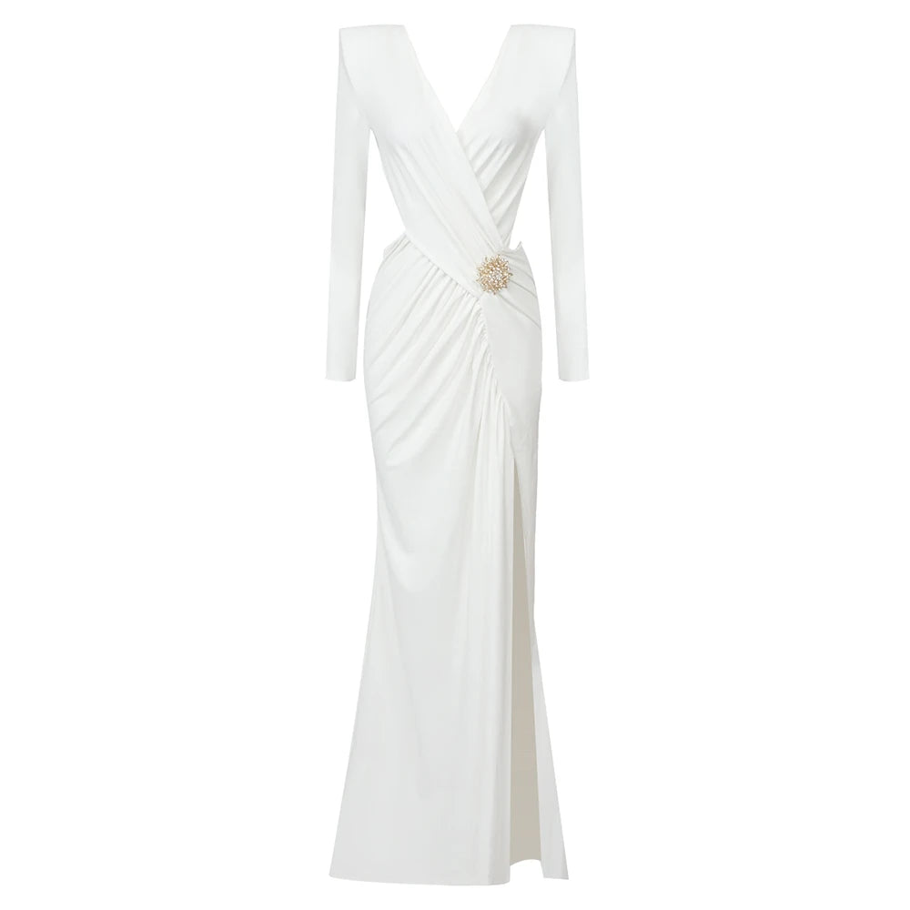 White Long Dresses For Women Sexy V Neck High Split Celebrity Party Vestido Fashion Casual Holiday Wear WHITE