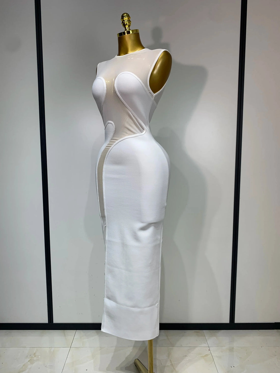 Sexy O Neck Mesh Bodycon Bandage Dress Evening Party Gown Celebrity Elegant Luxury Birthday Club Dresses WHITE