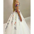 White Tulle Flowers Appliqued Prom Dress Off The Shoulder Neckline Evening Dress A Line Tulle Floor Length For Special Occasions
