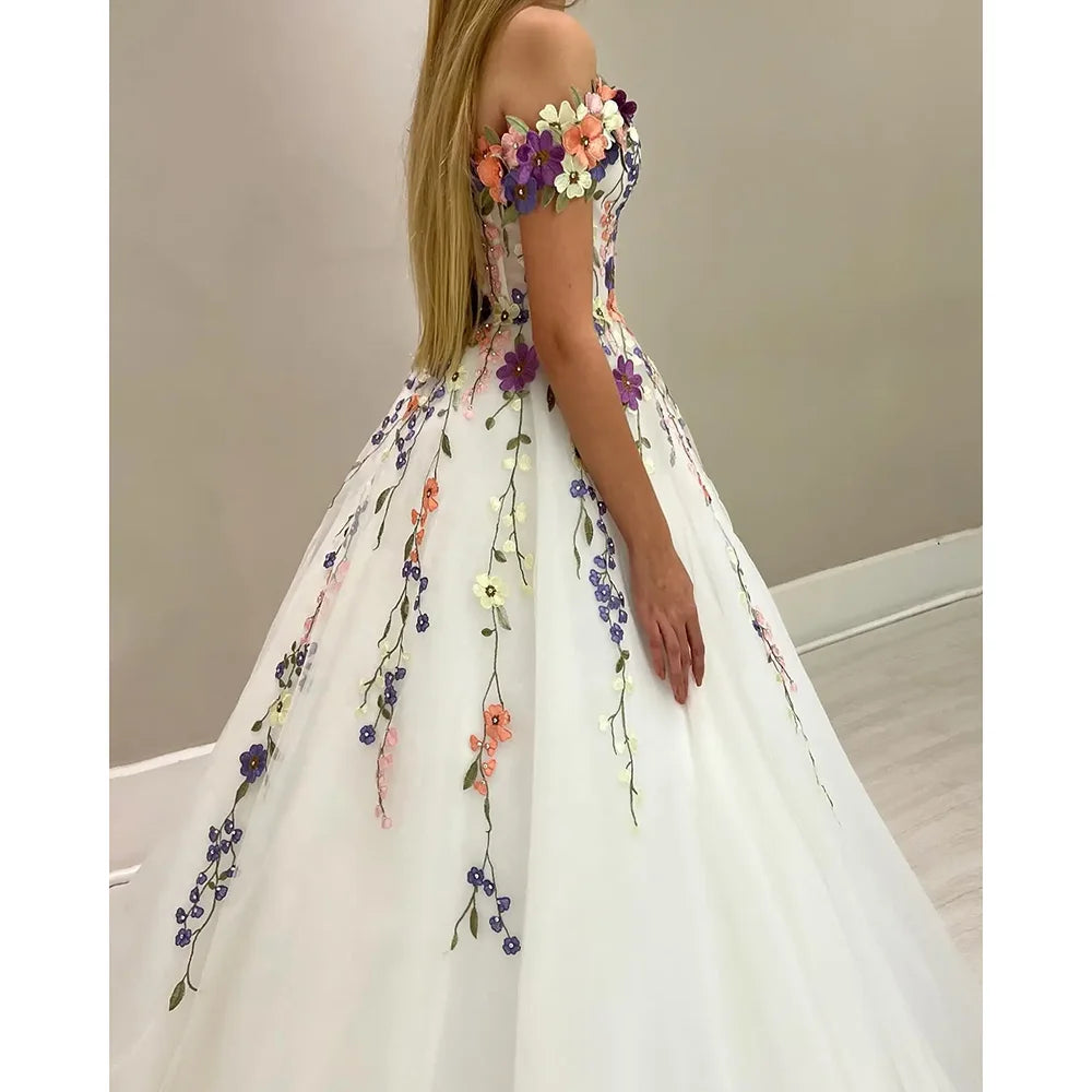 White Tulle Flowers Appliqued Prom Dress Off The Shoulder Neckline Evening Dress A Line Tulle Floor Length For Special Occasions