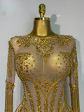 Luxury Birthday Evening Party Gown Sparkly Rhinestone Bodysuit Women Sexy Mesh See Through Performance Dance Stage Costume