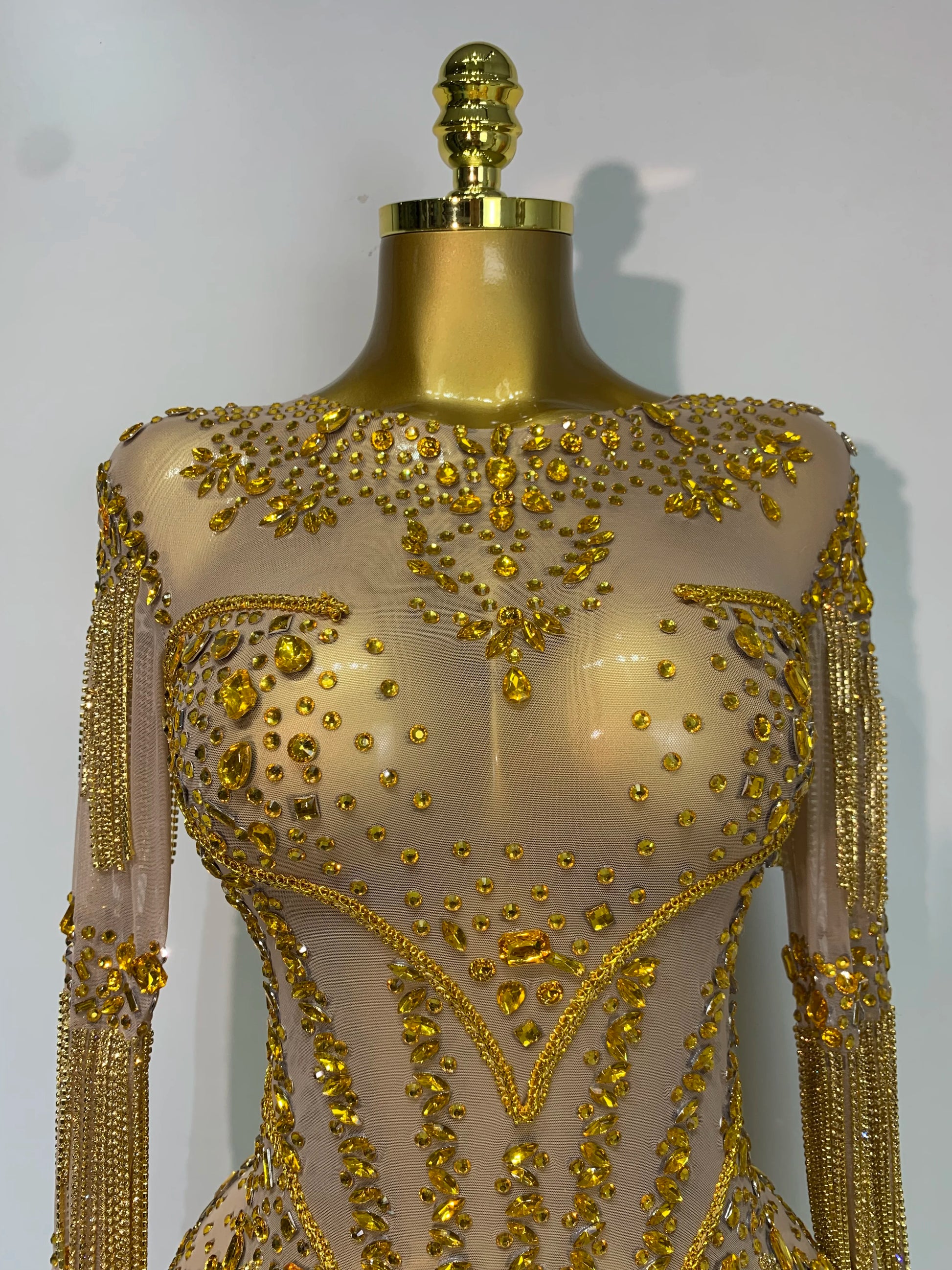 Luxury Birthday Evening Party Gown Sparkly Rhinestone Bodysuit Women Sexy Mesh See Through Performance Dance Stage Costume