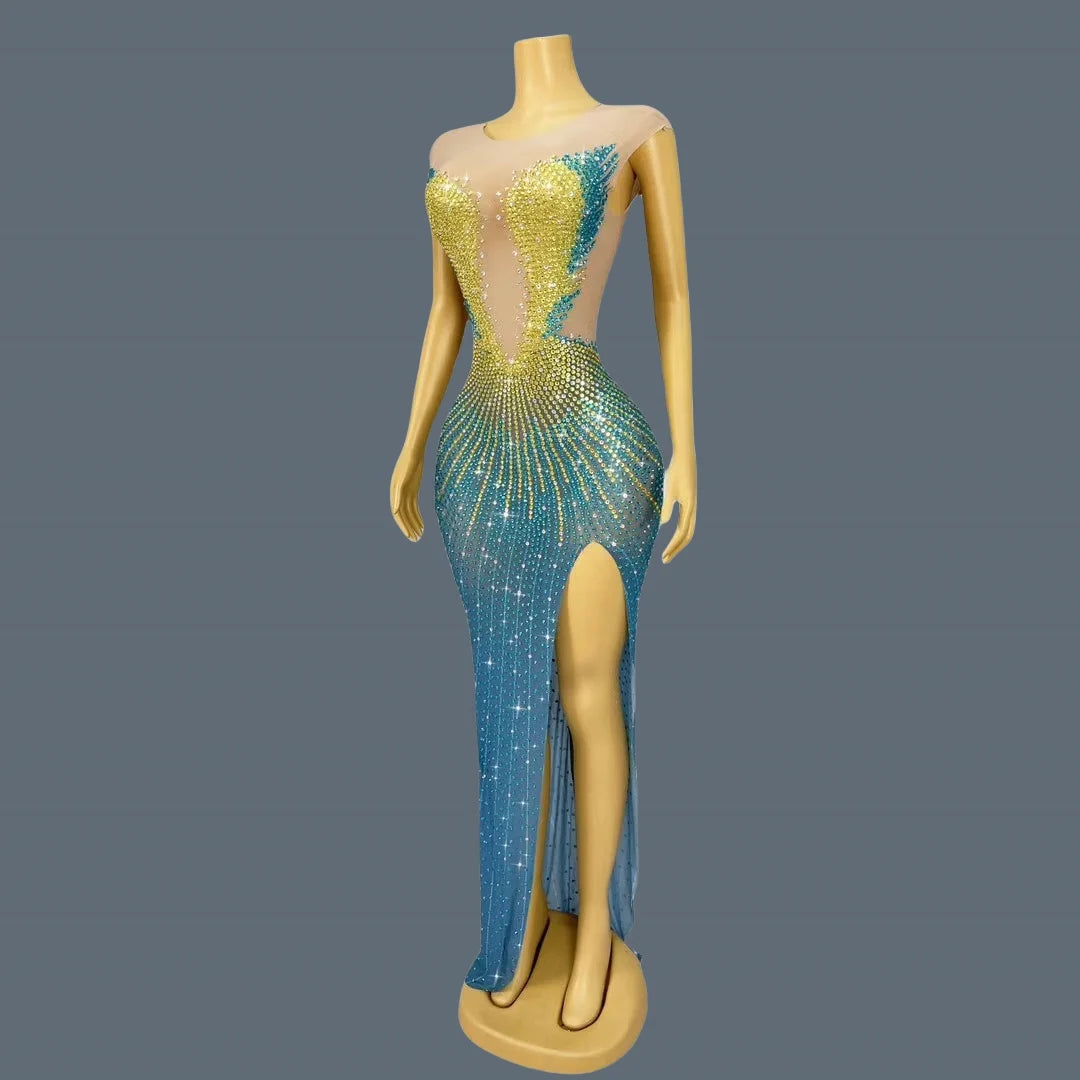 Sparkly Rhinestone Sheer Long Dress With High Side Slits Evening Gown Cocktail Party Club Singer Maxi Dress Ball Dress kongqueyu