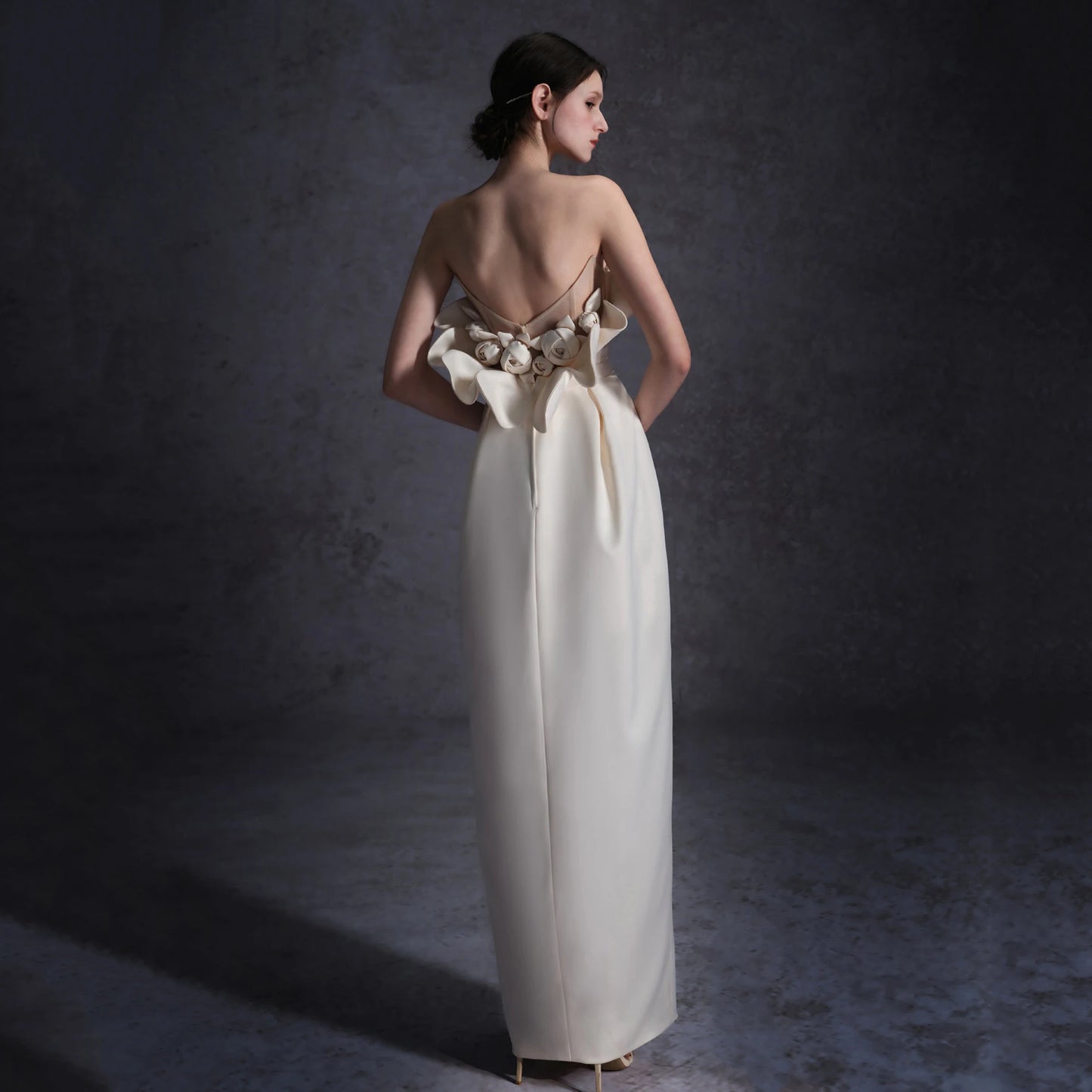 Gaun pengantin satin putih prancis untuk pengantin elegan seksi strapless mawar bunga formal malam pesta musim panas gaun wanita