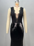 Black Lace Patchwork Sequins Sexy V-Neck Mermaid Floor Length Dress Fashion Woman Party Dress Celebrity banquet Outfit