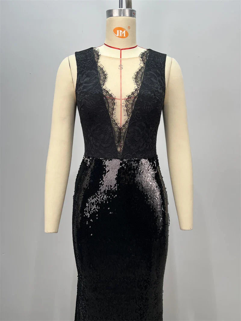 Black Lace Patchwork Sequins Sexy V-Neck Mermaid Floor Length Dress Fashion Woman Party Dress Celebrity banquet Outfit