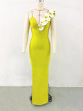 Sexy Women's 3D Flower Decoration Long Dress Strapless Sleeveless Bodycon Backless Max Dress Cocktail Evening Party Vestido Yellow