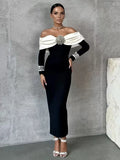 Sexy Off The Shoulder Luxury Diamonds White Patchwork Black Long Bandage Dress Elegant Woman Party Dress Wedding Party Vestido
