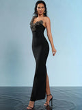 Sexy Women's Light Luxury Sparkle Flower Design Bandage Dress One Shoulder Sleeveless Bodycon Long Dresses Party Vestidos
