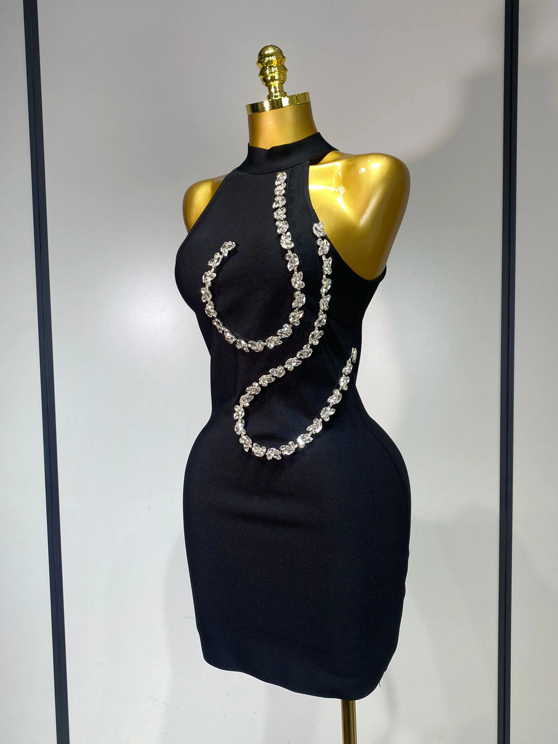 Women Sexy High Neck Shinning Crystal Bodycon Mini Bandage Dress Nightclub Party Luxury Birthday Elegant Celebrity Evening Dress black