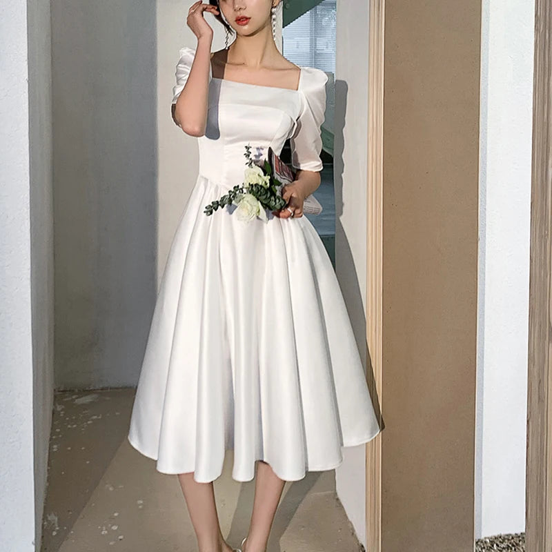 Vestidos de fiesta de noche de satén blanco para mujer, vestido acampanado con cuello cuadrado de verano, fotos de boda elegantes, vestidos formales de fiesta