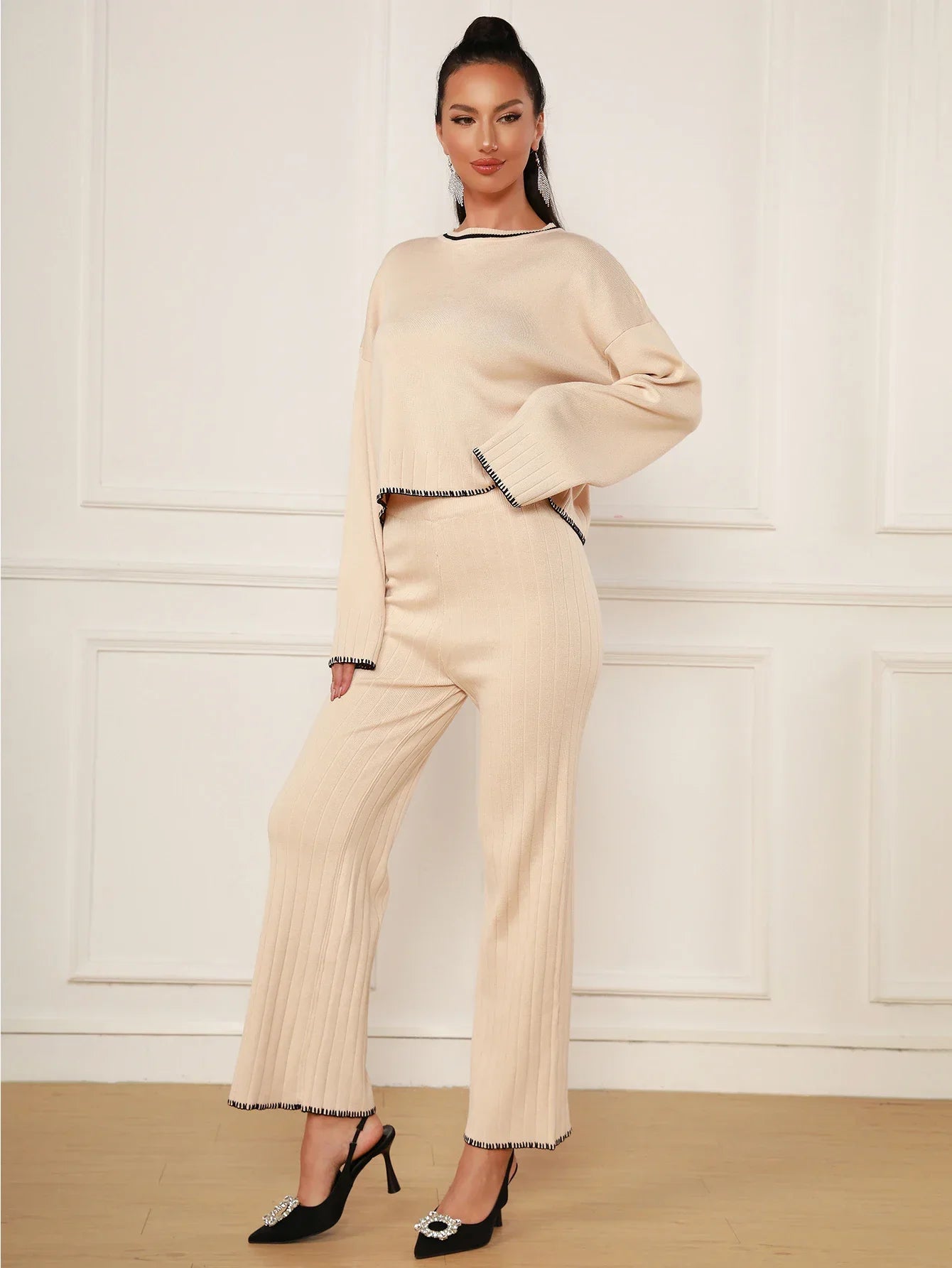 Spring Casual Women's Knitted Pants Set O-neck Long Sleeve Hoodie Loose Knitted Shirt+Straight Pants Two Piece Set
