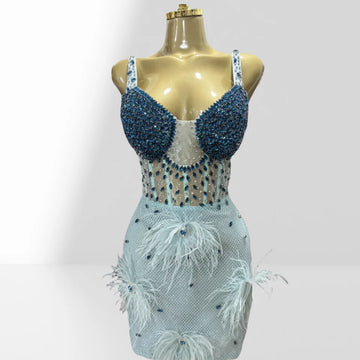 Luxury Feathers Blue Diamonds Sexy See Through Spaghetti Mini Dress Woman Birthday Party Vestido Club Party Outfit As picture