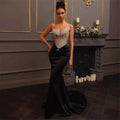 Luxury Diamonds Sexy Mesh See Through Black Velvet Strapless Floor Length Dress Celebrity Party Dress Birthday Vestido