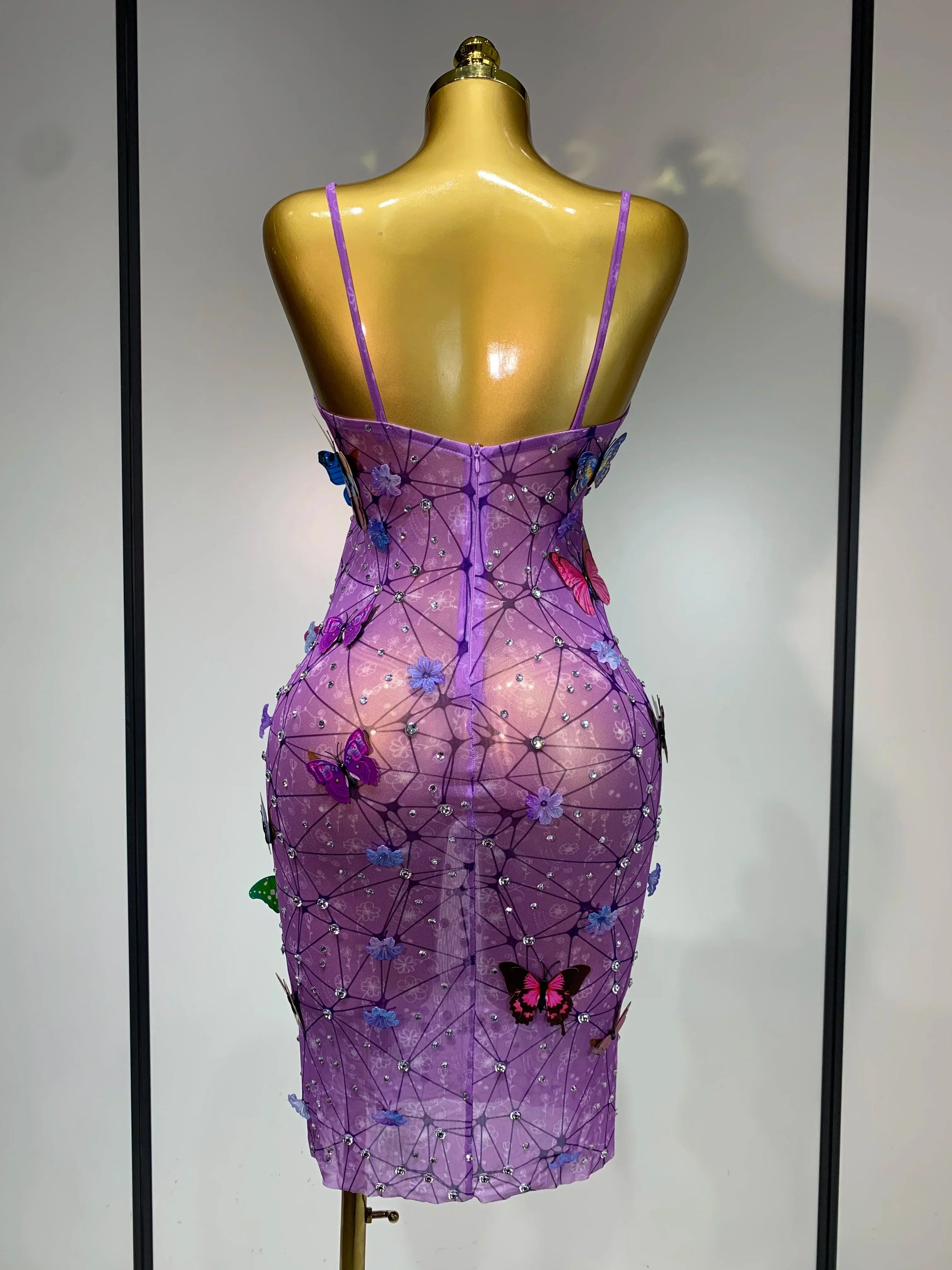 Sparkly Women Sexy Mesh See Through Dress Butterfly Purple Celebrity Luxury Birthday Nightclub Stage Outfit