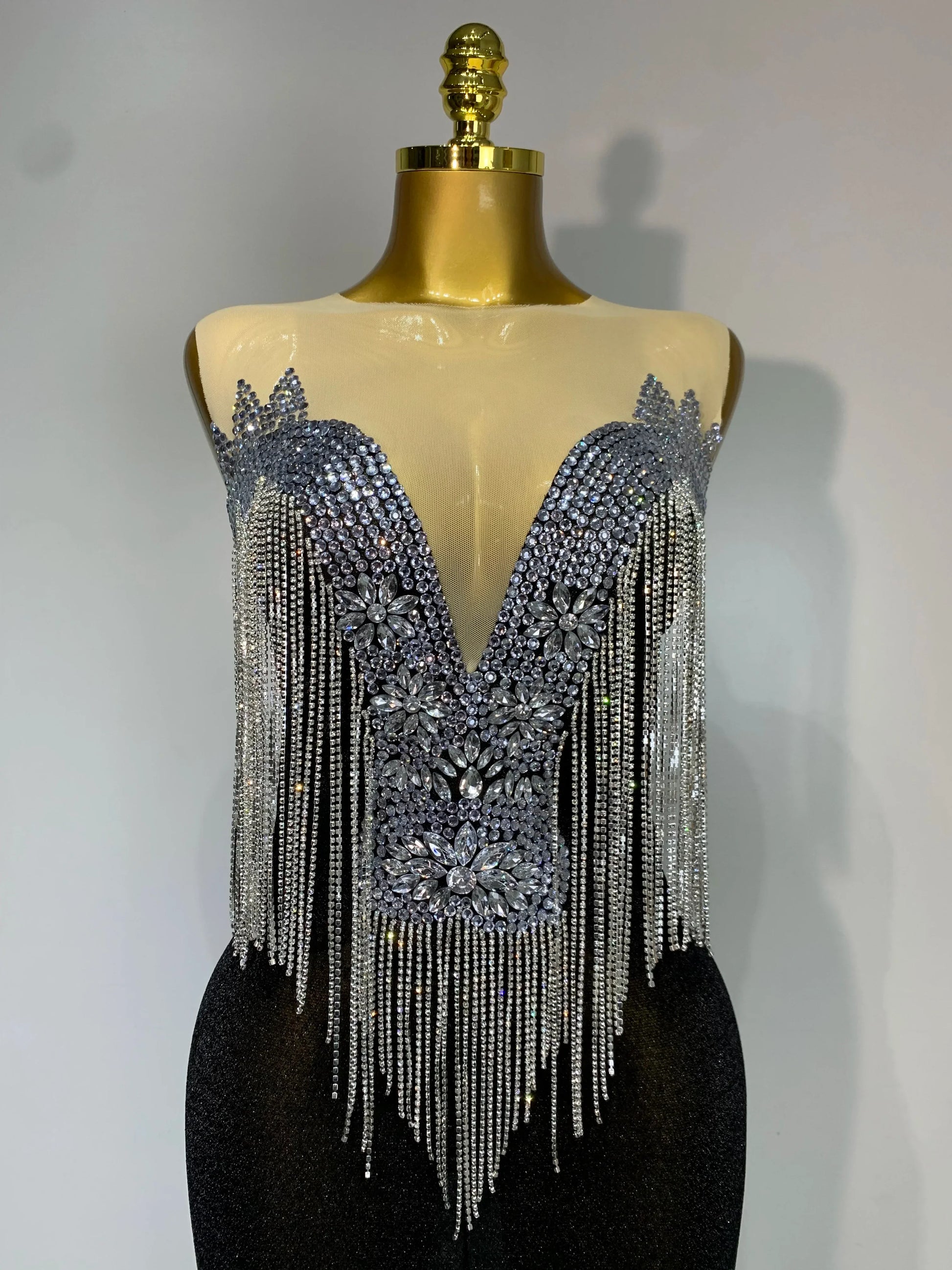 Women Sexy Sparkly Rhinestones chain Celebrity Elegant Maxi Long Dress Luxury Birthday Prom Gowns Stage Show Performance Costume