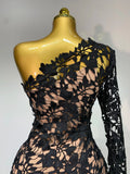 Women Sexy Lace Patchtop Bandage Dress Diagonal Collar Single Shoulder Long Sleeve Bodycon Dress Party Luxury Birthday Dresses