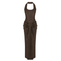 Sleek Modern Brown Halter Backless Maxi Dress with Waist Tie Drape Details for Party Evening Gown Brown CHINA