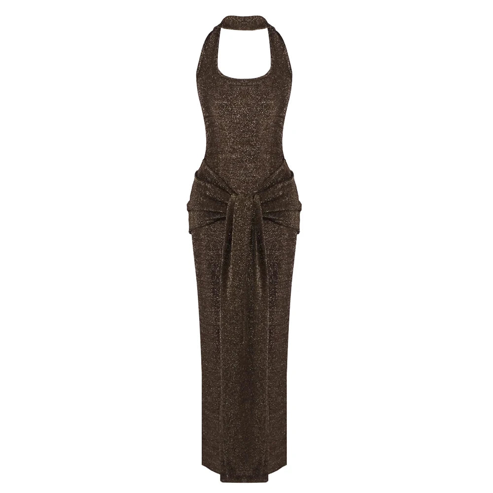 Sleek Modern Brown Halter Backless Maxi Dress with Waist Tie Drape Details for Party Evening Gown Brown CHINA