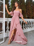Pink Spaghetti-Strap Bridesmaid Dresses Chiffon V-Neck Ruffles A-Line Side Split Backless Wedding Guest Dresses Customized