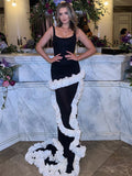 Artistic Black & White Strappy Dress Gown Ruffled Detailing for Creative Galas