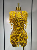 Women Sexy Mesh See Through Designer Rhinestones Chain Stage Performance Costume Nightclub Celebrate Party Luxury Birthday Dress Yellow