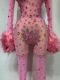Shiny Diamond Mesh See Through Bodycon Jumpsuit Women Sexy Long Sleeve Performance Singer Costume Nightclub Stage Outfit