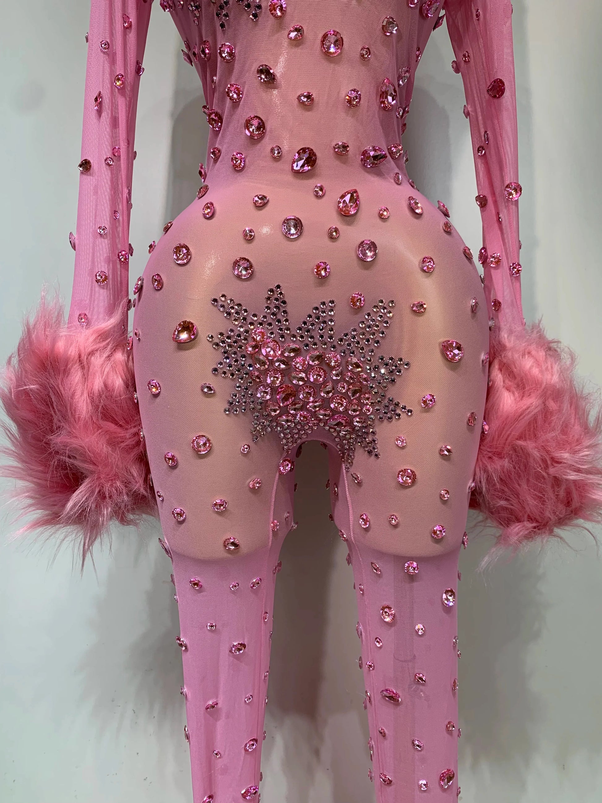 Shiny Diamond Mesh See Through Bodycon Jumpsuit Women Sexy Long Sleeve Performance Singer Costume Nightclub Stage Outfit