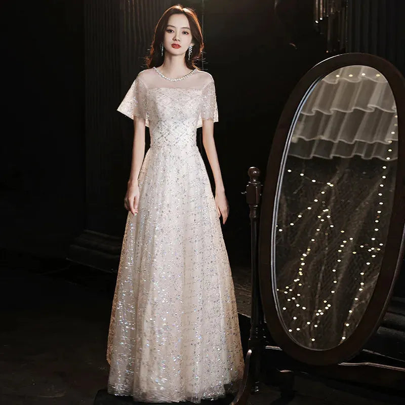 French Luxury White Satin Sequined Wedding Dresses for Bride Elegant Sexy Slim Puff Sleeve Long Prom Party Dress Women vestidos Floor length Floor length | cn