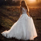 Spaghetti Strap V-Neck Wedding Dress A-Line Lace Appliques Backless Boho Tulle Bride Gown Train Vestido De Novia