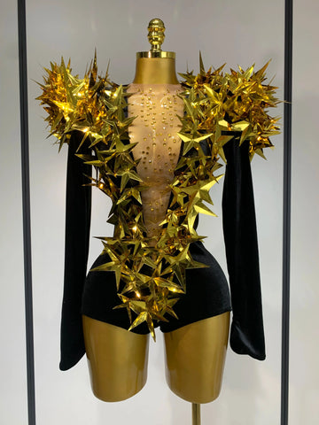 Women Sparkly Gold Rhinestone Black Velvet Long Sleeve Bodysuit Evening Party Club Gala Hosts Night Club Bar Stage Costumes Gold
