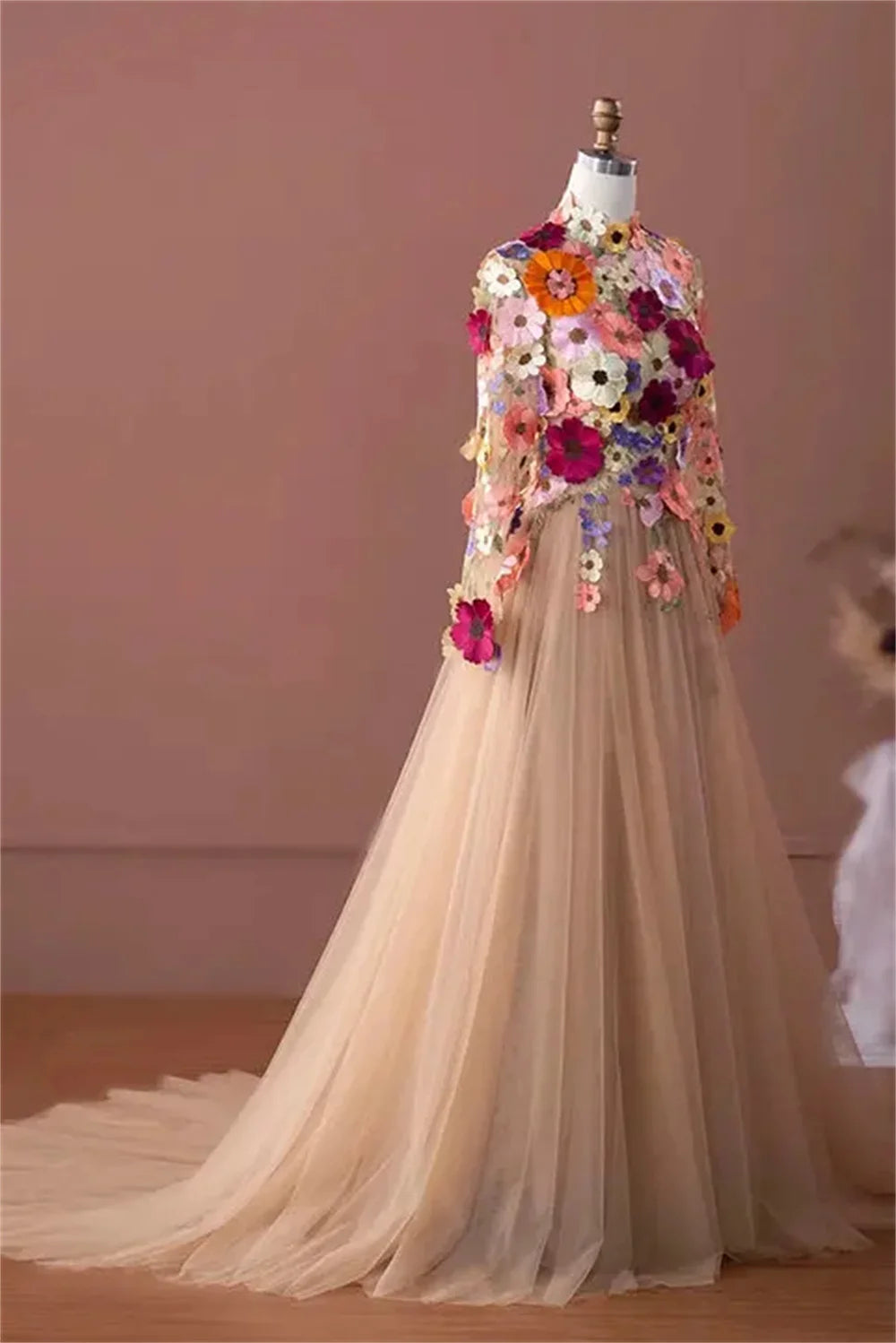 Vestidos de graduación con apliques de flores, cuello alto, tul, corte en A, elegante, manga larga, largo hasta el suelo, moda de verano