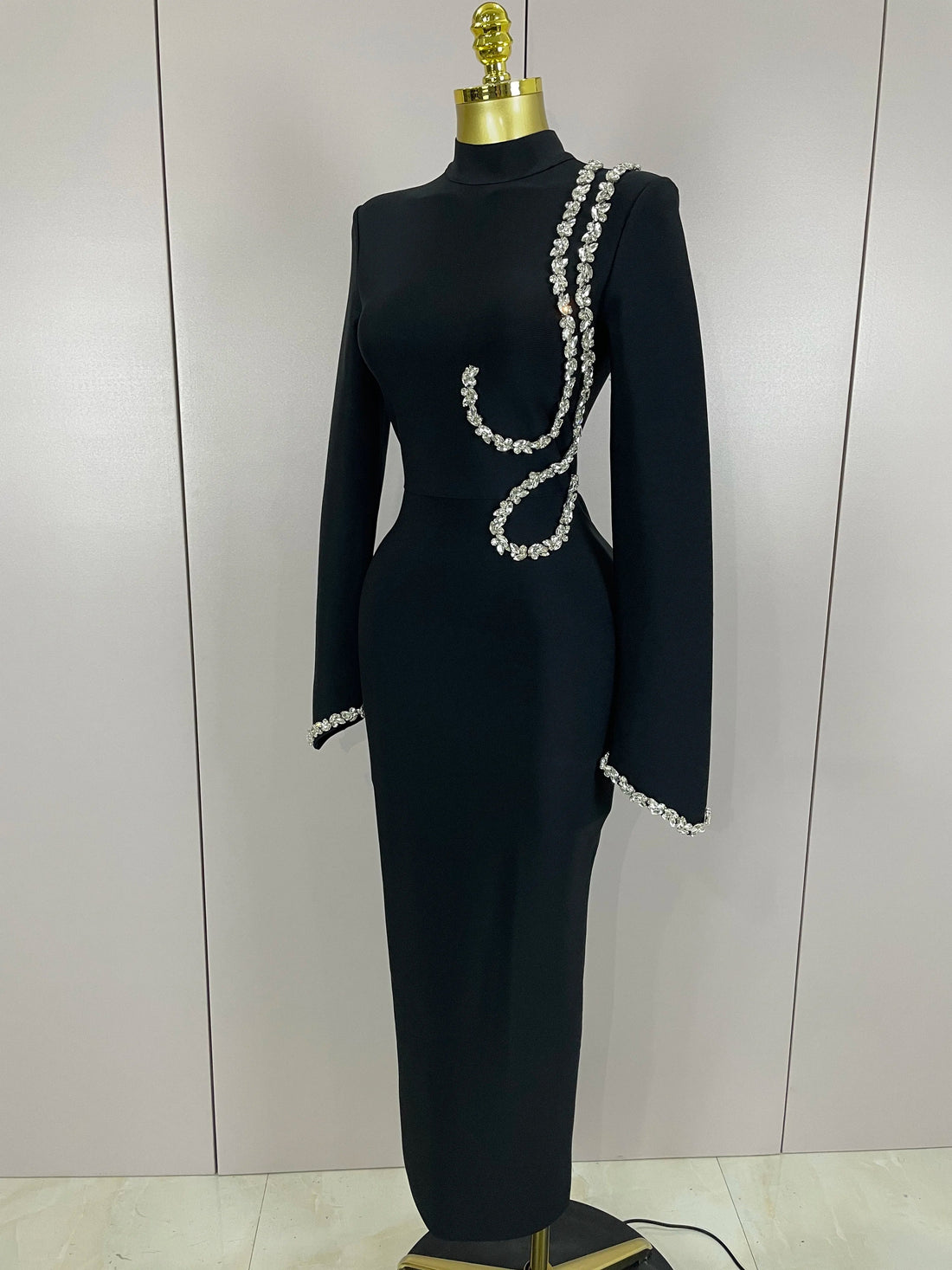 Sexy Long Sleeve Diamonds Maxi Long Bodycon Bandage Dress Women Celebrity Elegant Evening Party Luxury Birthday Dresses black