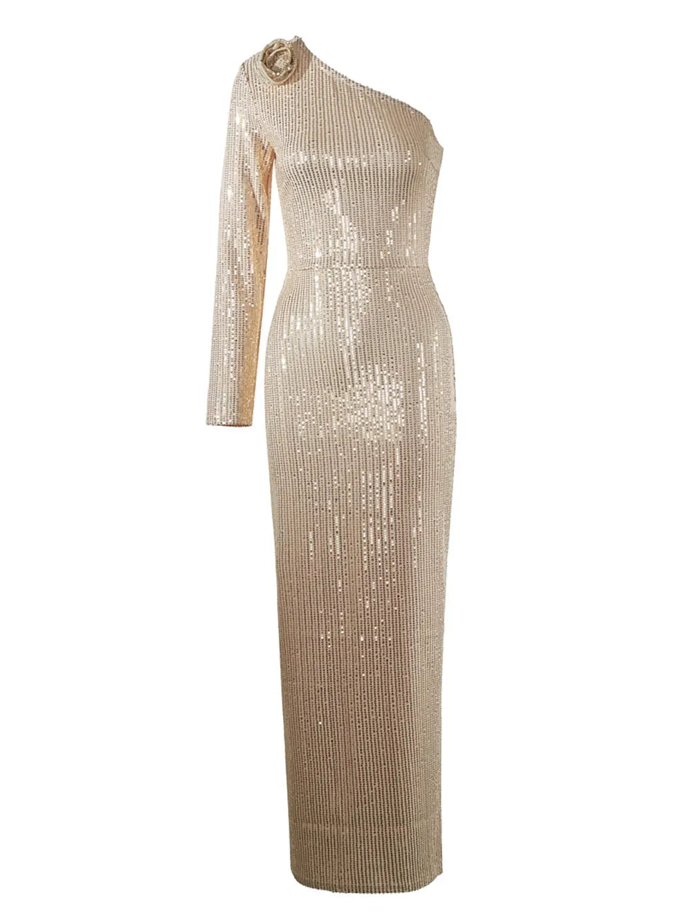 Women's Light Luxury Glitter Dress with Diagonal Collar Single Shoulder Sleeve 3D Flower Decoration Bodycon Long Dresses