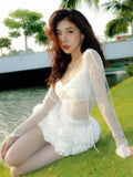 Sweet Fairy-Tale White & Red Off-Shoulder Lace & Puff Skirt Dress Outfit for Themed Parties