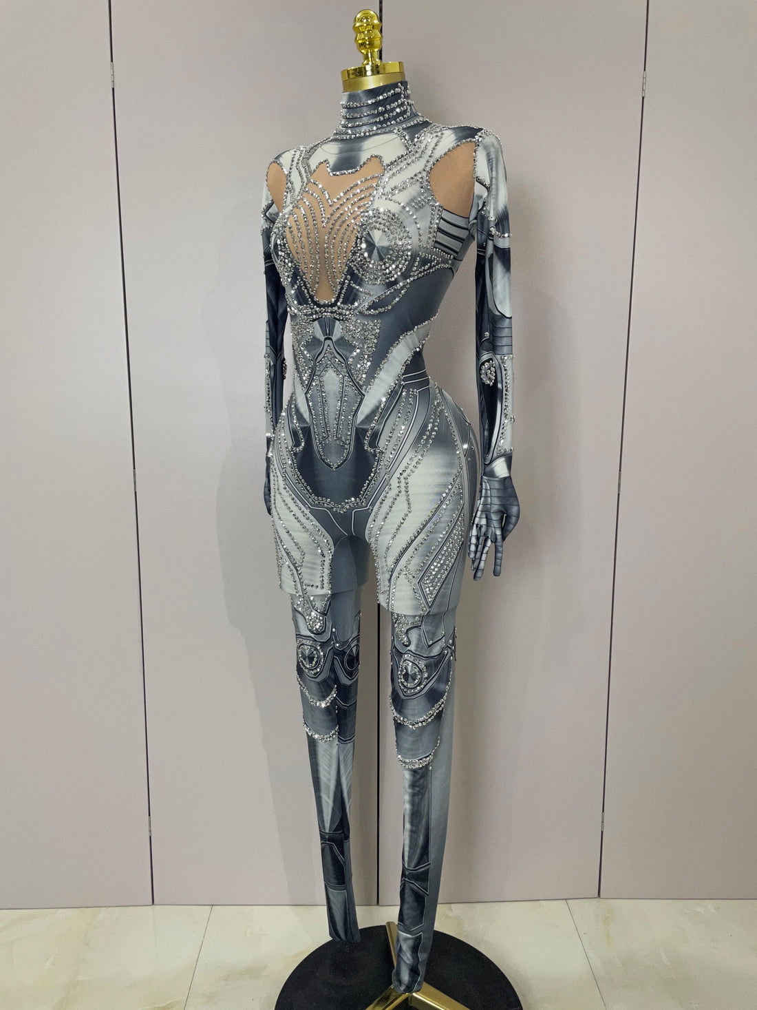 Trendy Women Sexy Rhinestones Printed Skinny Jumpsuit High Street Performance Dance Costume Bar Club Show Stage Wear GRAY