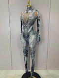 Trendy Women Sexy Rhinestones Printed Skinny Jumpsuit High Street Performance Dance Costume Bar Club Show Stage Wear