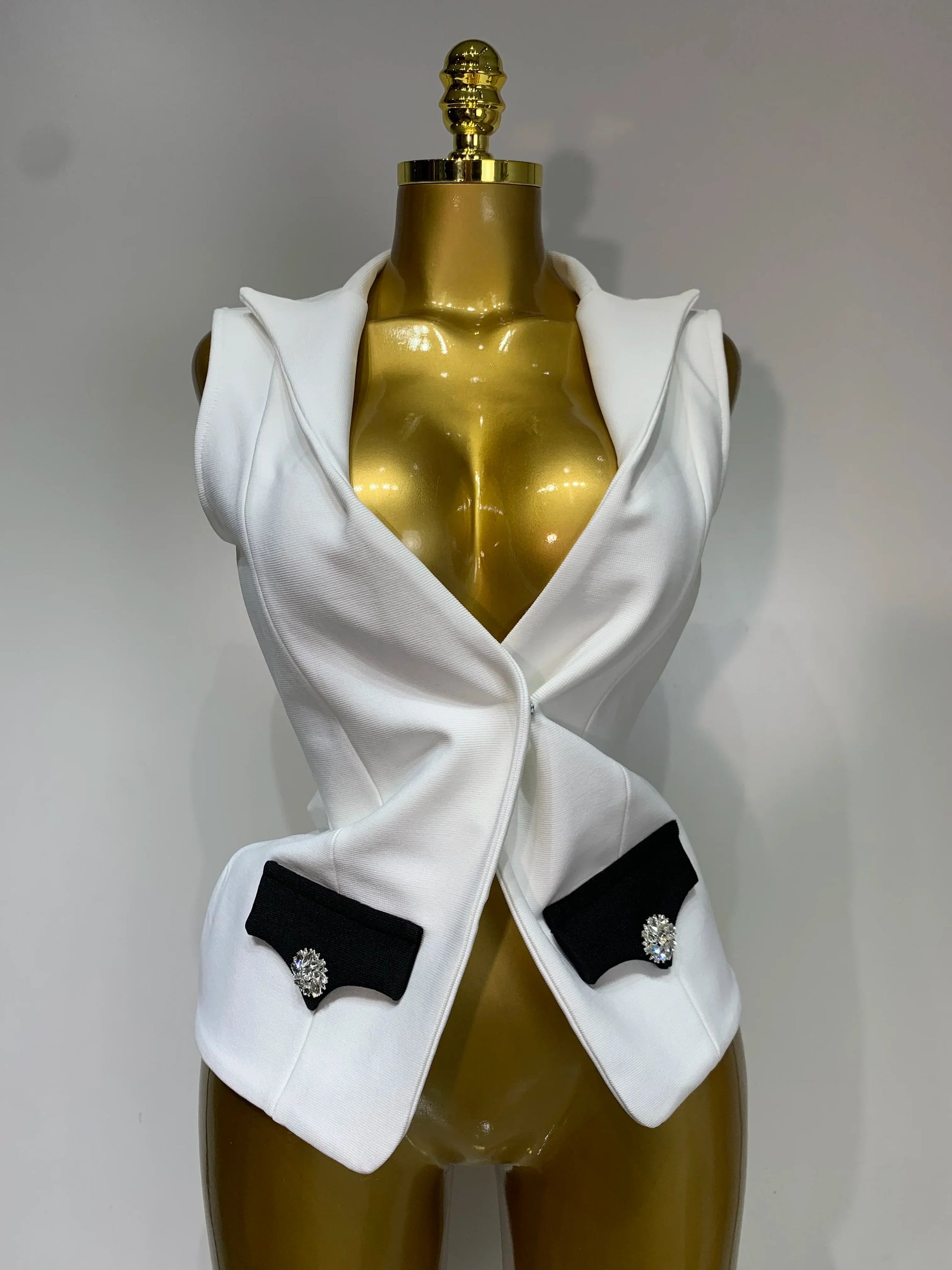 Designer Fashion Black White Bandage Jacket Two Piece Set Women Slim Fit Diamond Button Suit Jackets Coat