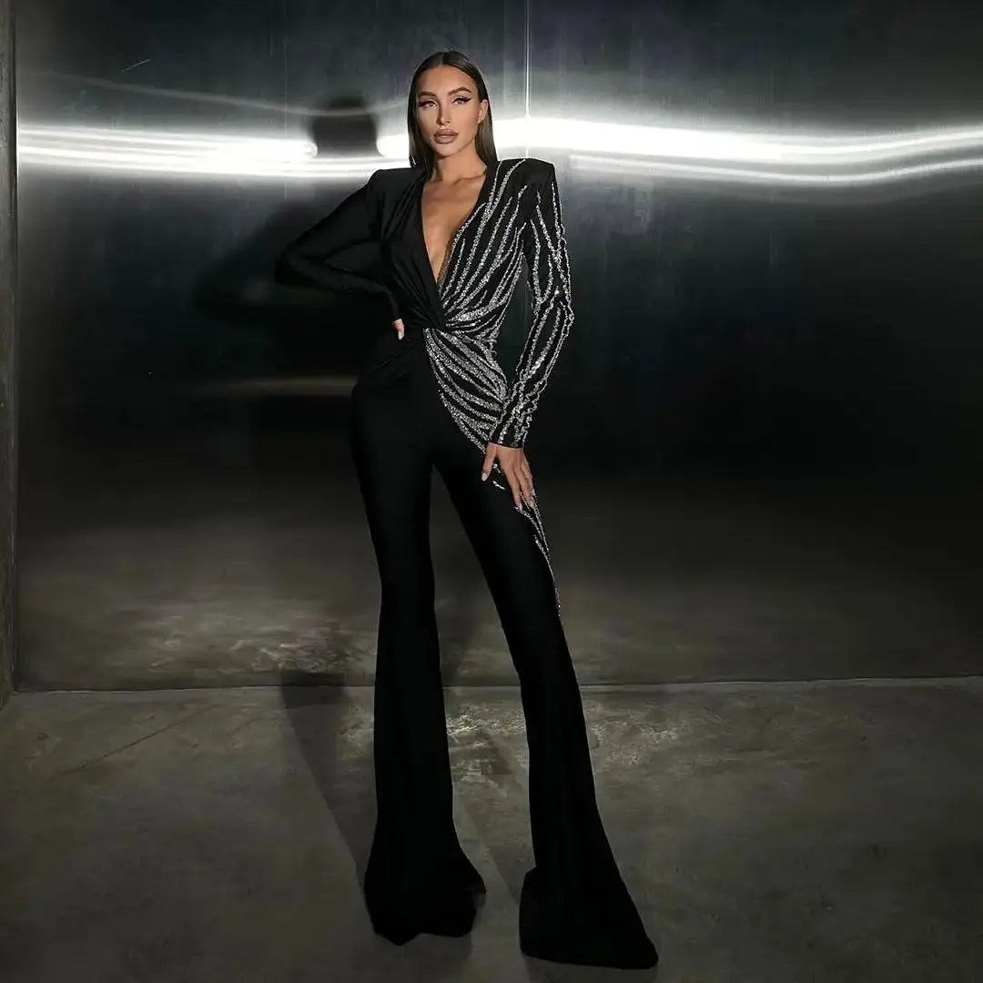 Spring Sparkling diamonds Sexy V-Neck Stylish Flare Pants Jumpsuit Woman Fashion Party Outfit Stage Performance Costume