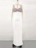 Elegant Women's Diamond Design Bandage Dress Spaghetti Strap Sleeveless Bodycon Long Dress Cocktail Evening Party Vestidos WHITE