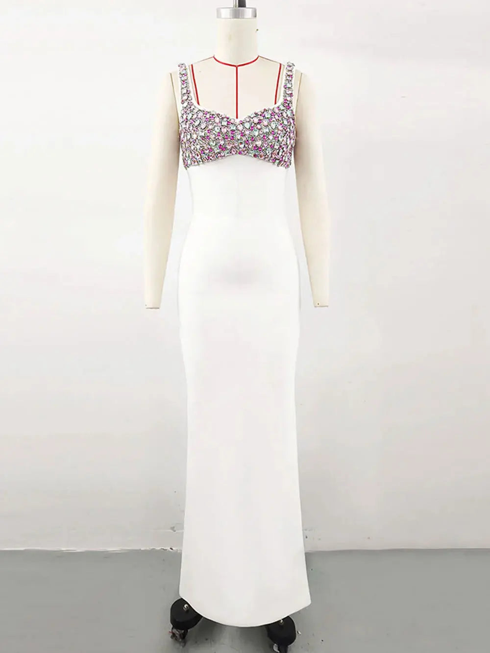 Elegant Women's Diamond Design Bandage Dress Spaghetti Strap Sleeveless Bodycon Long Dress Cocktail Evening Party Vestidos WHITE
