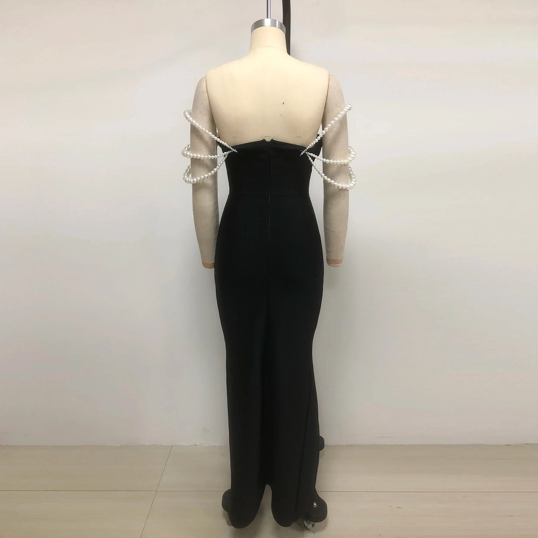 Women Sexy Strapless Big Pearl Beading Bodycon Long Bandage Dress Celebrate Evening Party Red Carpet Fashion Outfit