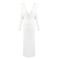 White Swinging Collar Long Dress For Women Ruched High Waist Long Sleeves Slim Elegant Evening Party Gowns WHITE