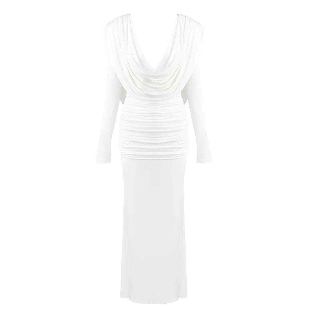 White Swinging Collar Long Dress For Women Ruched High Waist Long Sleeves Slim Elegant Evening Party Gowns WHITE