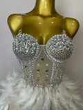 Women Sexy Sparkly Rhinestone Mesh Feather Long Dress Elegant Evening Party Celebrate Birthday Performance Costume