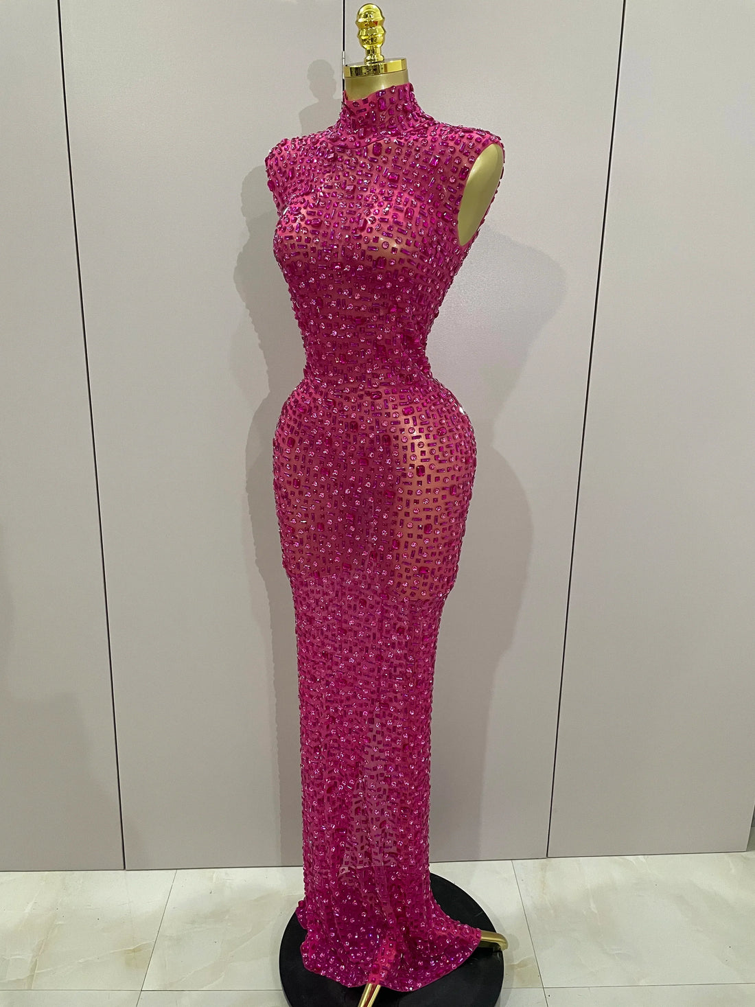 Sexy Sparkly Crystal Diamonds Mesh See Through Long Dress Women Elegant Party Costume Singer Stage Performance Outfit Rose Red
