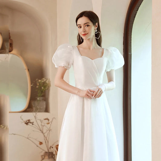 French Luxury White Satin Maxi Wedding Dresses for Bride Elegant Sexy Slim Puff Sleeve Long Prom Party Dress Women vestidos