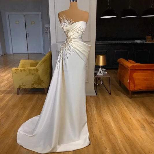 Sexy Meerjungfrau Braut Party Ball Hochzeit Kleid Ein Schulter -Aufkleber Perlen -Langarm -Split Teppich Strand formelle romantische Hochzeit