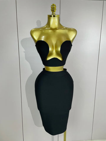 Women Sexy Strapless Backless Black Bandage Two Piece Suit Celebrity Designer Fashion Birthday Gown Evening Prom Costume black