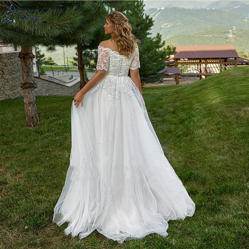 Gaun pengantin boho yang elegan untuk lengan wanita pendek dari bahu renda applique gaun pengantin leher tambah saiz